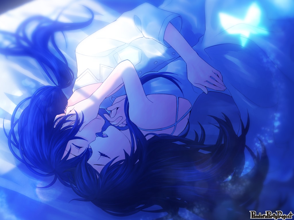 aino_yumeri bed black_hair blurry blurry_background bug butterfly copyright_name hand_on_another's_cheek hand_on_another's_face indoors insect long_hair lying official_art on_side open_mouth pajamas pandora_party_project