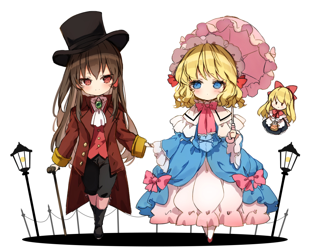 3girls alice_margatroid ascot bangs black_dress black_footwear black_headwear black_pants blonde_hair blue_dress blue_eyes blush boots bow brooch brown_hair brown_jacket cane capelet closed_mouth collared_shirt commentary_request dress eyebrows_visible_through_hair frilled_capelet frills hair_between_eyes hair_bow hakurei_reimu hat holding holding_hands holding_umbrella jacket jewelry juliet_sleeves knee_boots lamppost long_hair long_sleeves multiple_girls pants pink_bow pink_umbrella piyokichi puffy_sleeves red_bow red_eyes red_footwear red_vest shanghai_doll shirt shoes smile top_hat touhou umbrella very_long_hair vest white_background white_capelet white_neckwear white_shirt wide_sleeves