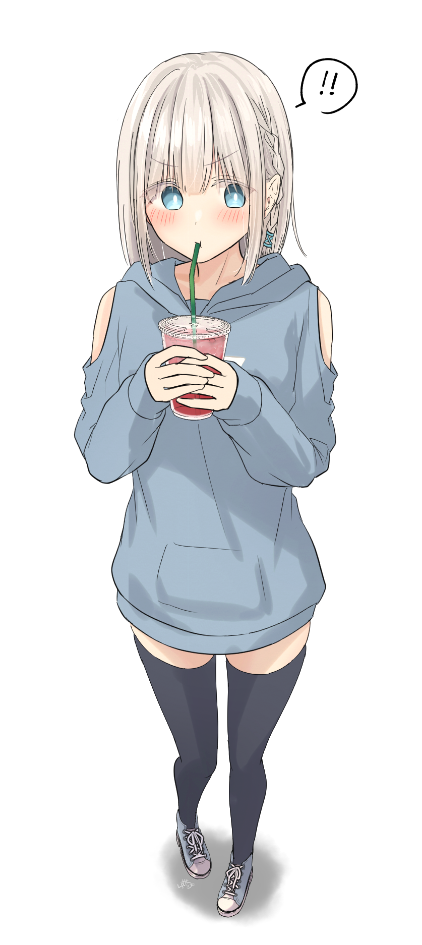 ! !! 1girl bangs black_legwear blonde_hair blue_eyes blue_footwear blue_hoodie blush braid clothing_cutout commentary_request drink drinking_straw eyebrows_visible_through_hair highres holding holding_drink hood hood_down hoodie long_hair long_sleeves original ramchi shoes shoulder_cutout side_braid signature silver_hair-chan_(ramchi) sneakers solo spoken_exclamation_mark standing thigh-highs white_background zettai_ryouiki