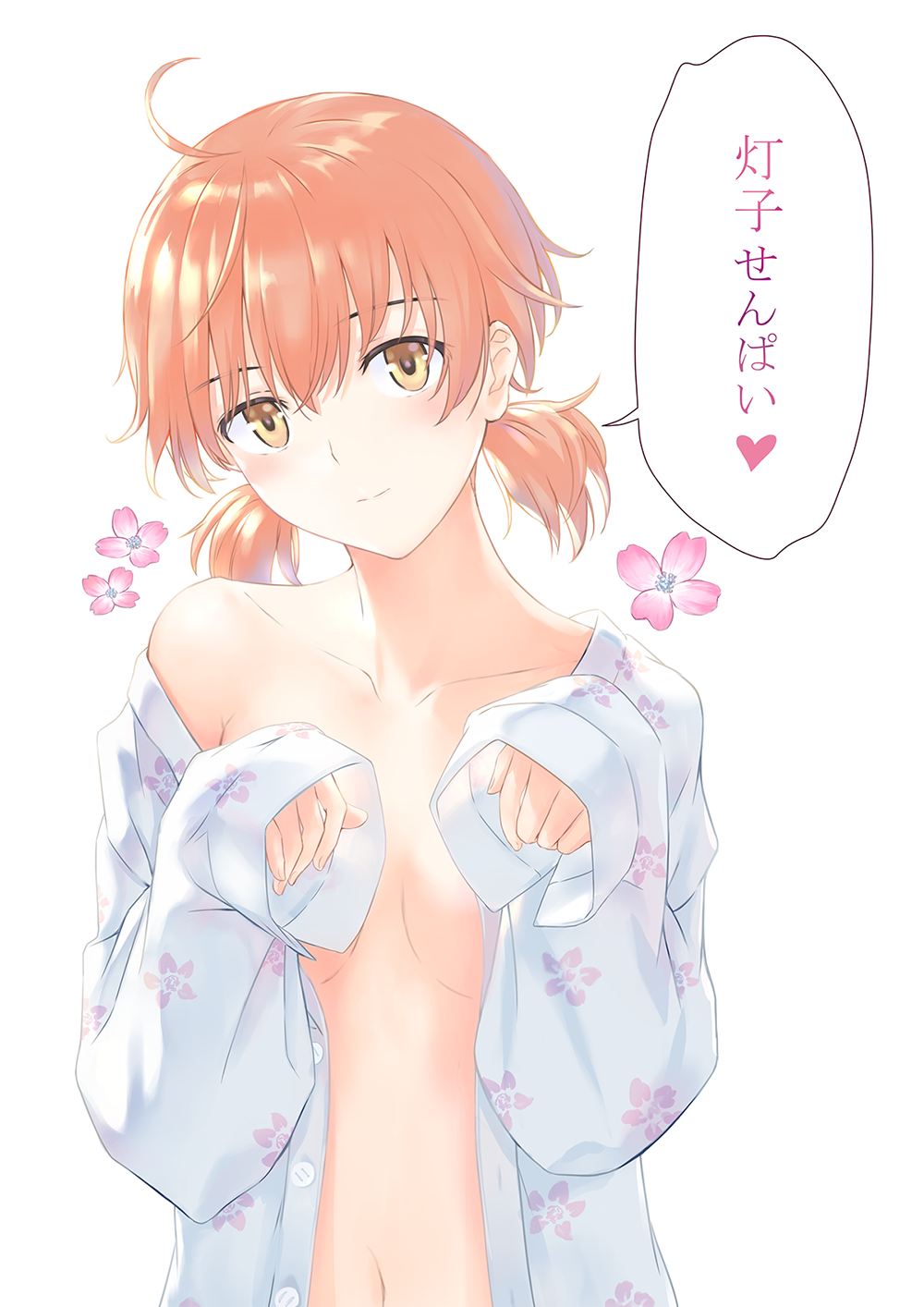 1girl ahoge bangs bare_shoulders blush collarbone commentary flower head_tilt heart highres koito_yuu light_smile midriff navel off_shoulder open_pajamas orange_hair pajamas paw_pose pink_flower sankareien short_twintails simple_background sleeves_past_fingers sleeves_past_wrists solo speech_bubble spoken_heart translated twintails unbuttoned upper_body white_background yagate_kimi_ni_naru yellow_eyes