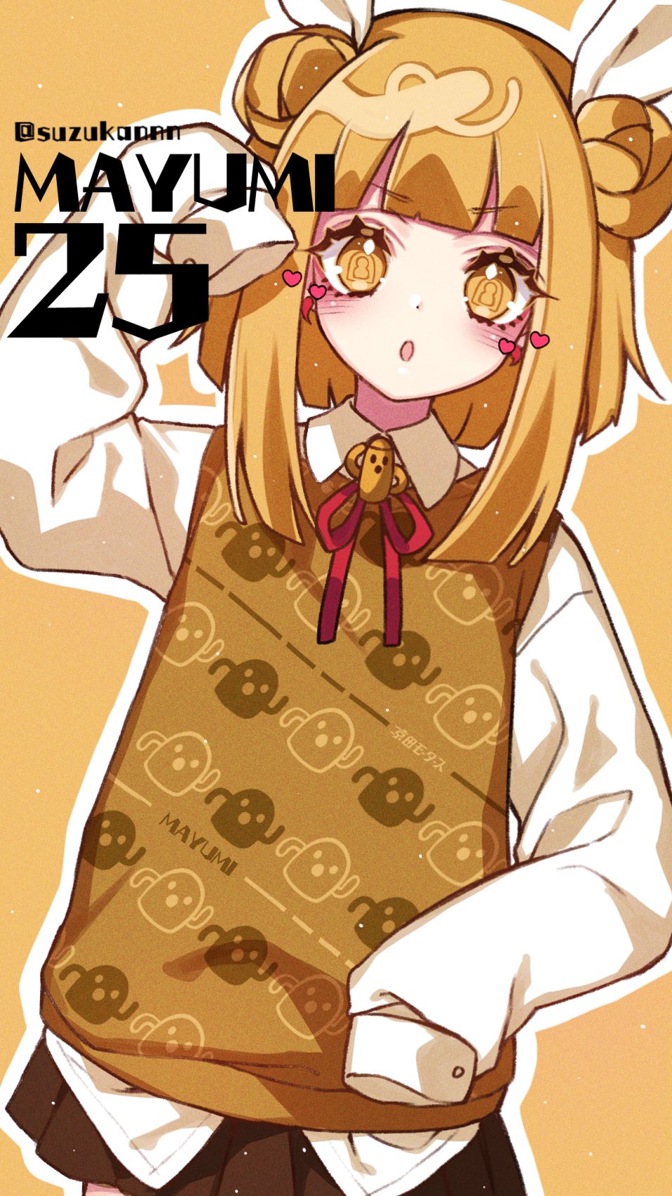 1girl adapted_costume bangs blonde_hair blunt_bangs blush brown_skirt character_name contemporary double_bun hair_ribbon hand_up haniwa_(statue) haniwa_print heart highres joutouguu_mayumi kyouda_suzuka looking_at_viewer medium_hair neck_ribbon open_mouth outline red_neckwear ribbon skirt sleeves_past_fingers sleeves_past_wrists solo sweater_vest symbol-shaped_pupils touhou twitter_username upper_body white_outline white_ribbon yellow_background yellow_eyes