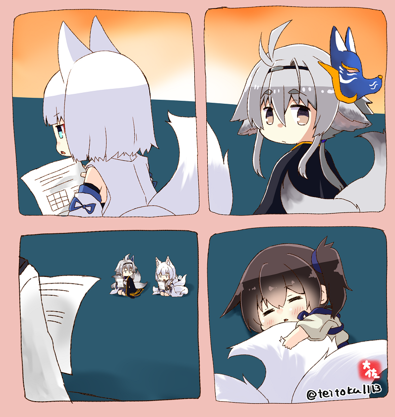 1boy 3girls admiral_(kancolle) animal_ears artist_logo artist_name azur_lane brown_eyes brown_hair crossover detached_sleeves fox_ears fox_tail grey_hair holding holding_paper japanese_clothes kaga_(azur_lane) kaga_(kancolle) kantai_collection long_hair long_sleeves military military_uniform minigirl multiple_girls multiple_tails namesake naval_uniform paper short_hair side_ponytail tail taisa_(kari) tasuki tosa_(azur_lane) twitter_username uniform white_hair wide_sleeves