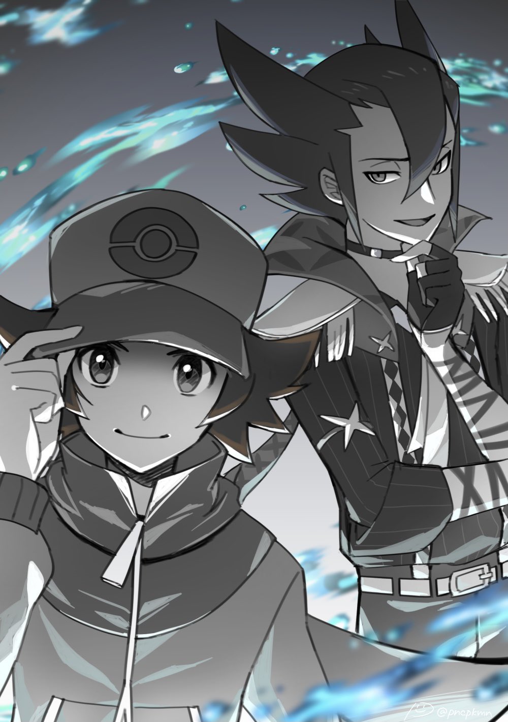 2boys bangs baseball_cap belt brown_hair closed_mouth commentary_request gloves grimsley_(pokemon) hair_between_eyes hand_on_headwear hand_up hat highres hilbert_(pokemon) jacket long_sleeves looking_at_viewer male_focus multiple_boys open_mouth pants partially_fingerless_gloves pokemon pokemon_(game) pokemon_bw pokemon_masters_ex punico_(punico_poke) shirt smile spiky_hair tongue zipper_pull_tab