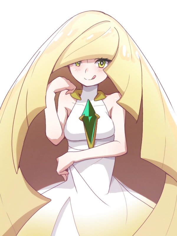 1girl :q bare_arms blonde_hair blush breasts closed_mouth collarbone commentary_request diamond_(shape) dress emerald_(gemstone) eyelashes green_eyes hand_up long_hair looking_at_viewer lusamine_(pokemon) pokemon pokemon_(game) pokemon_sm shiny shiny_hair simple_background sleeveless sleeveless_dress smile solo tadanoshi_kabane tongue tongue_out very_long_hair white_background white_dress