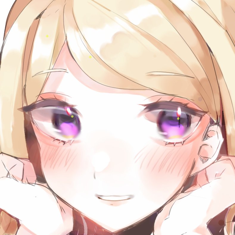 1girl akamatsu_kaede bangs blonde_hair blush close-up dangan_ronpa_(series) dangan_ronpa_v3:_killing_harmony eyebrows_visible_through_hair face hands_on_own_face hands_up head kaeru_no_ko long_hair looking_at_viewer parted_lips smile solo violet_eyes