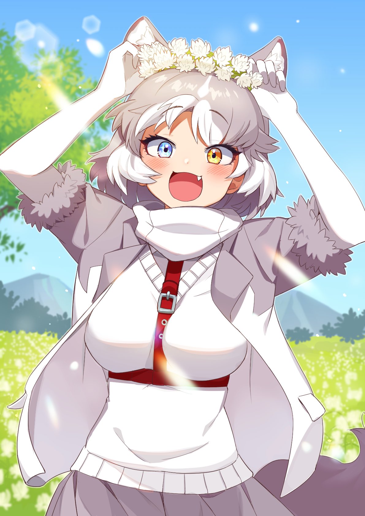 1girl animal_ears blue_eyes blush commentary_request cowboy_shot dog_(mixed_breed)_(kemono_friends) dog_ears dog_girl dog_tail elbow_gloves eyebrows_visible_through_hair fang fur_trim gloves grey_hair grey_skirt happy harness head_wreath heterochromia highres jacket kamuraaa_615 kemono_friends looking_at_viewer multicolored_hair open_mouth pleated_skirt scarf short_hair skirt solo tail two-tone_hair two-tone_jacket vest white_gloves white_hair white_jacket white_neckwear white_vest yellow_eyes