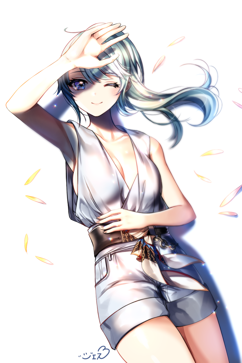 1girl ;) arm_up armpits bangs bare_arms bare_shoulders belt black_belt blue_eyes blue_hair blush breasts closed_mouth collarbone eyebrows_visible_through_hair hair_between_eyes highres long_hair looking_at_viewer lying on_back one_eye_closed original short_shorts shorts small_breasts smile solo white_background white_shorts xes_(xes_5377)