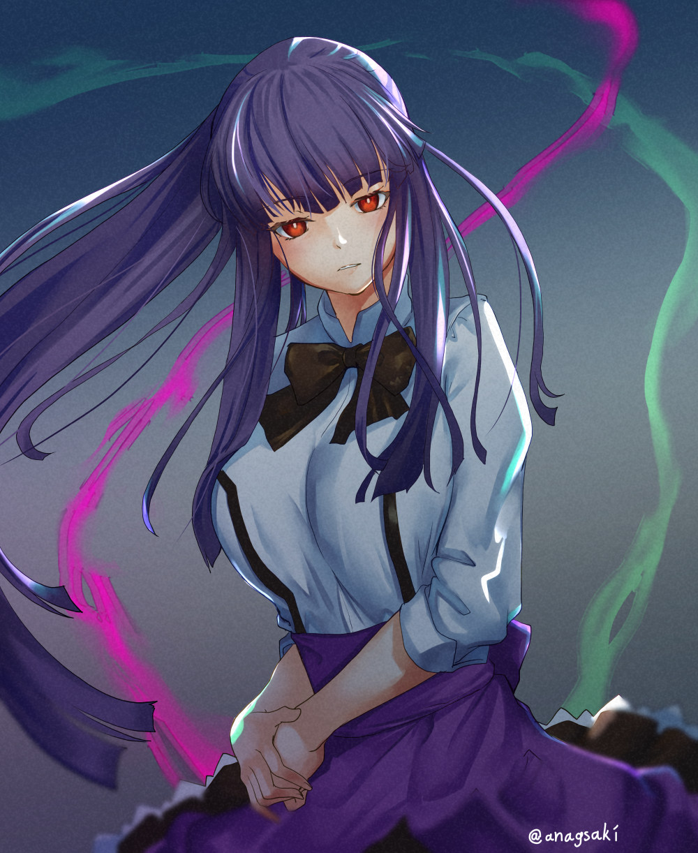 1girl aona_(kuuga19yuu) asagami_fujino bangs black_bow blue_hair bow breasts collared_shirt dress_shirt highres kara_no_kyoukai large_breasts long_hair long_sleeves looking_at_viewer ponytail purple_skirt red_eyes shirt sidelocks skirt white_shirt