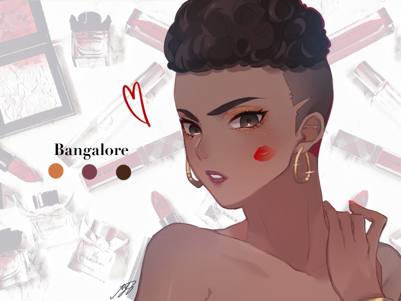 1girl apex_legends bangalore_(apex_legends) bare_shoulders black_hair bracelet brown_eyes brown_eyeshadow character_name collarbone color_guide dark_skin dark-skinned_female earrings hand_on_own_shoulder head_tilt heart hoop_earrings iyo_(nanaka-0521) jewelry lipstick_mark parted_lips short_hair solo undercut upper_body v-shaped_eyebrows