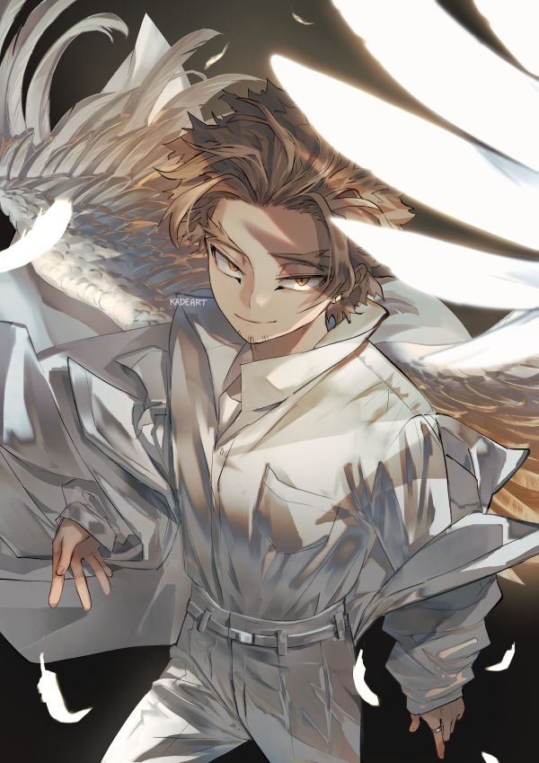 1boy alternate_costume alternate_wings artist_name belt blonde_hair boku_no_hero_academia breast_pocket closed_mouth commentary cowboy_shot earrings facial_hair facial_mark feathered_wings feathers from_above glowing hawks_(boku_no_hero_academia) jacket jacket_partially_removed jacket_removed jewelry kadeart light_smile long_sleeves looking_at_viewer male_focus pants pocket popped_collar reward_available ring shadow shirt short_hair solo stubble symbol_commentary white_belt white_feathers white_jacket white_pants white_shirt white_wings wings yellow_eyes