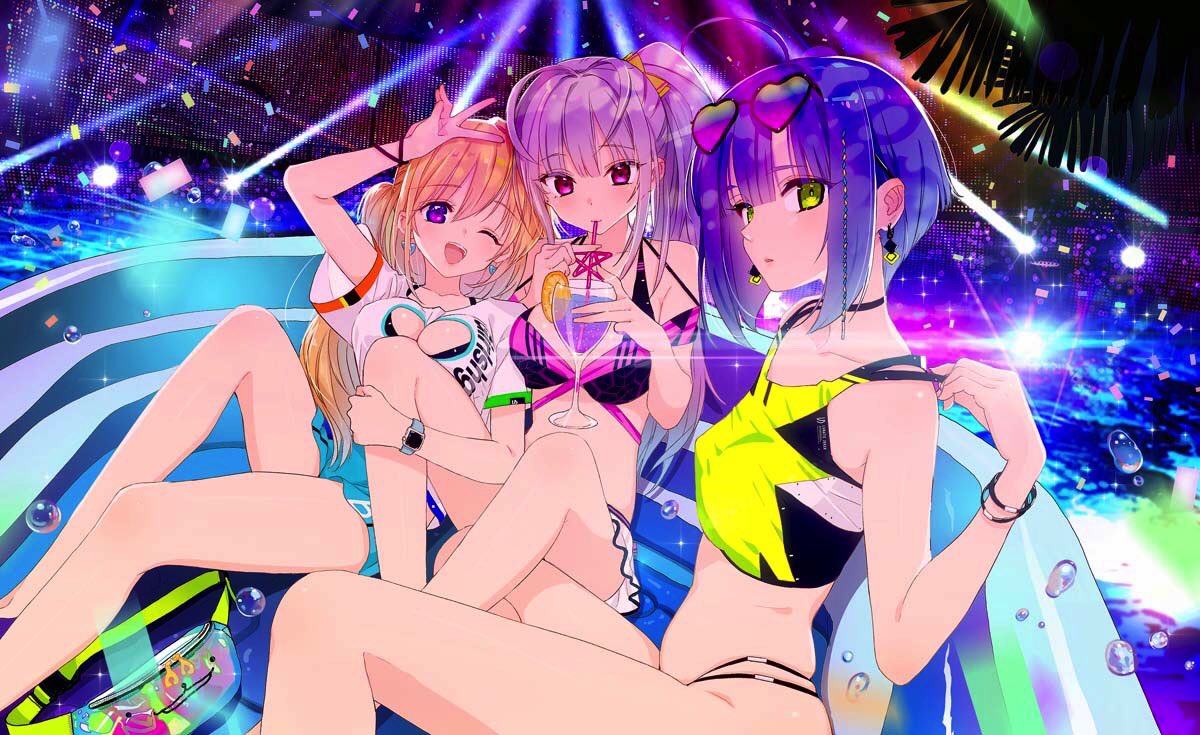 3girls bangs blonde_hair blue_eyes blue_hair blush breasts cup drinking_glass drinking_straw drinking_straw_in_mouth earrings eyebrows_visible_through_hair hair_ornament jewelry looking_at_viewer multiple_girls one_eye_closed open_mouth original pink_hair poolside sitting smile swimsuit thighs tsukigami_runa watch watch water_drop