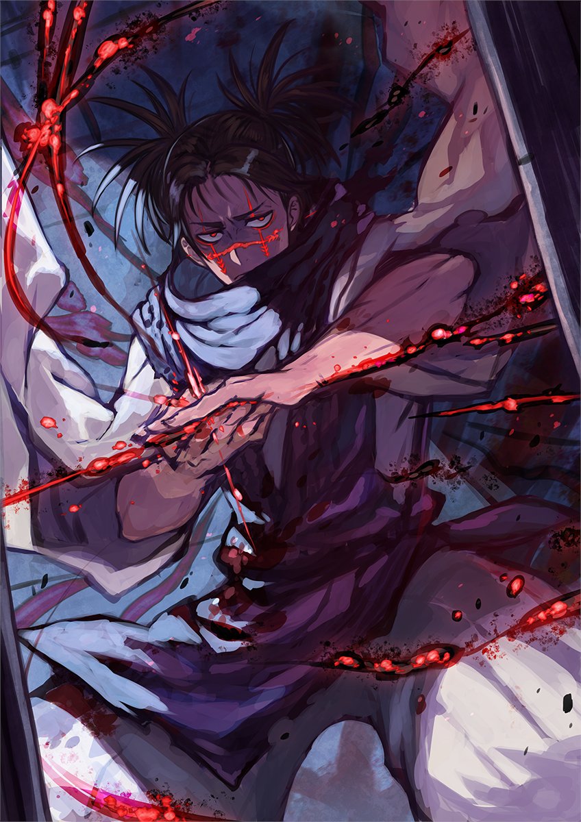 1boy baggy_pants bangs black_hair blood blood_on_face choso_(jujutsu_kaisen) closed_mouth dutch_angle feet_out_of_frame glowing glowing_eyes glowing_tattoo half-closed_eyes hands_together highres incoming_attack japanese_clothes jujutsu_kaisen kimono looking_at_viewer male_focus pants red_eyes rumie sash scarf serious solo standing swept_bangs tattoo twintails white_kimono wide_sleeves