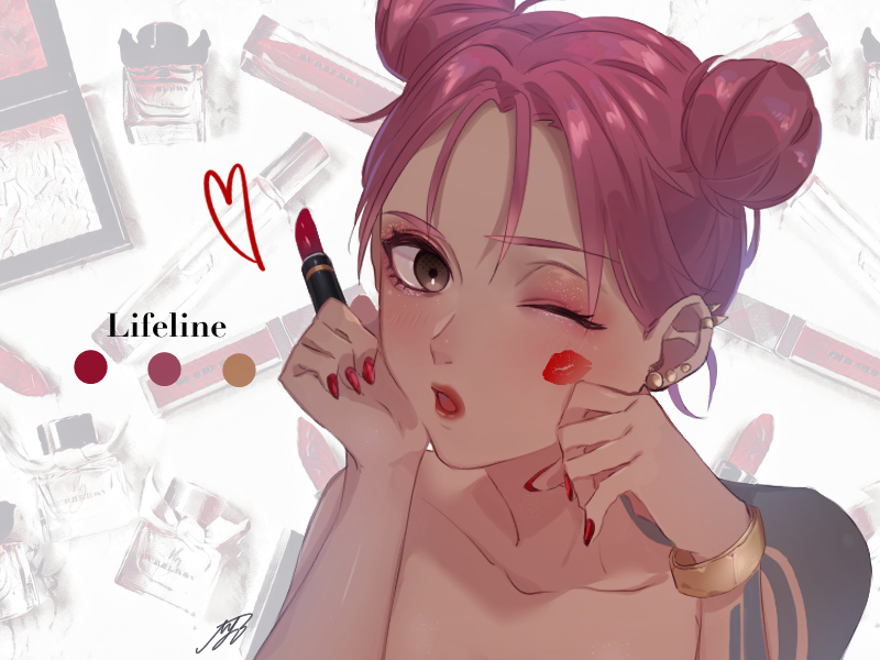 1girl :o apex_legends arm_tattoo bangs bare_shoulders blush brown_eyes character_name collarbone color_guide cosmetics dark_skin dark-skinned_female double_bun eyeshadow holding holding_lipstick_tube iyo_(nanaka-0521) lifeline_(apex_legends) lipstick_mark lipstick_tube makeup one_eye_closed open_mouth parted_bangs pink_hair red_eyeshadow solo tattoo