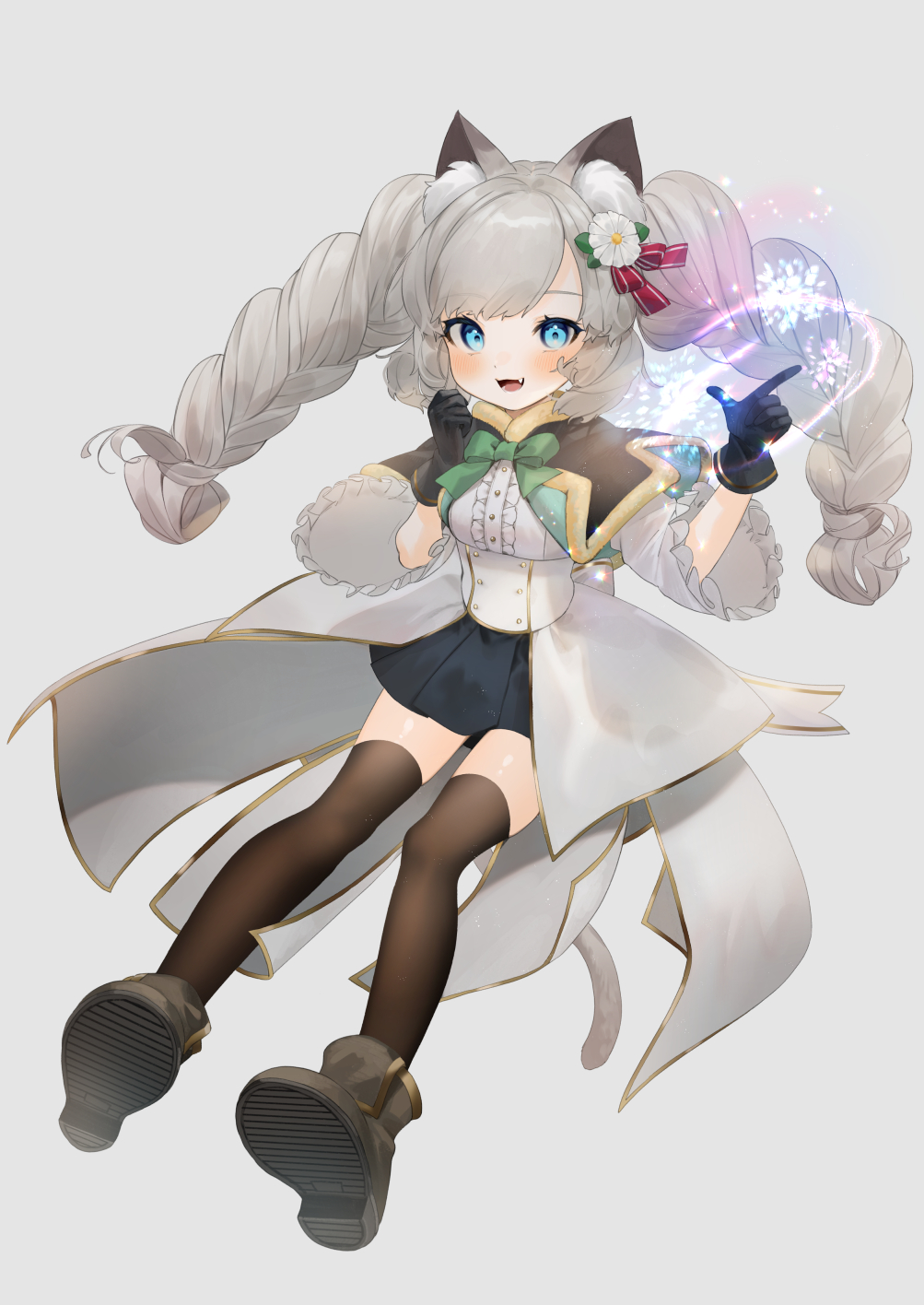 1girl :d animal_ear_fluff animal_ears bangs black_capelet black_gloves black_skirt blush boots braid breasts brown_footwear brown_legwear capelet cat_ears cat_girl cat_tail center_frills eyebrows_visible_through_hair fang flower frills full_body gloves gotoh510 grey_background grey_hair hair_flower hair_ornament highres long_hair long_sleeves looking_at_viewer medium_breasts open_mouth original pleated_skirt shirt simple_background skirt smile solo tail thigh-highs thighhighs_under_boots twin_braids twintails very_long_hair white_flower white_shirt wide_sleeves