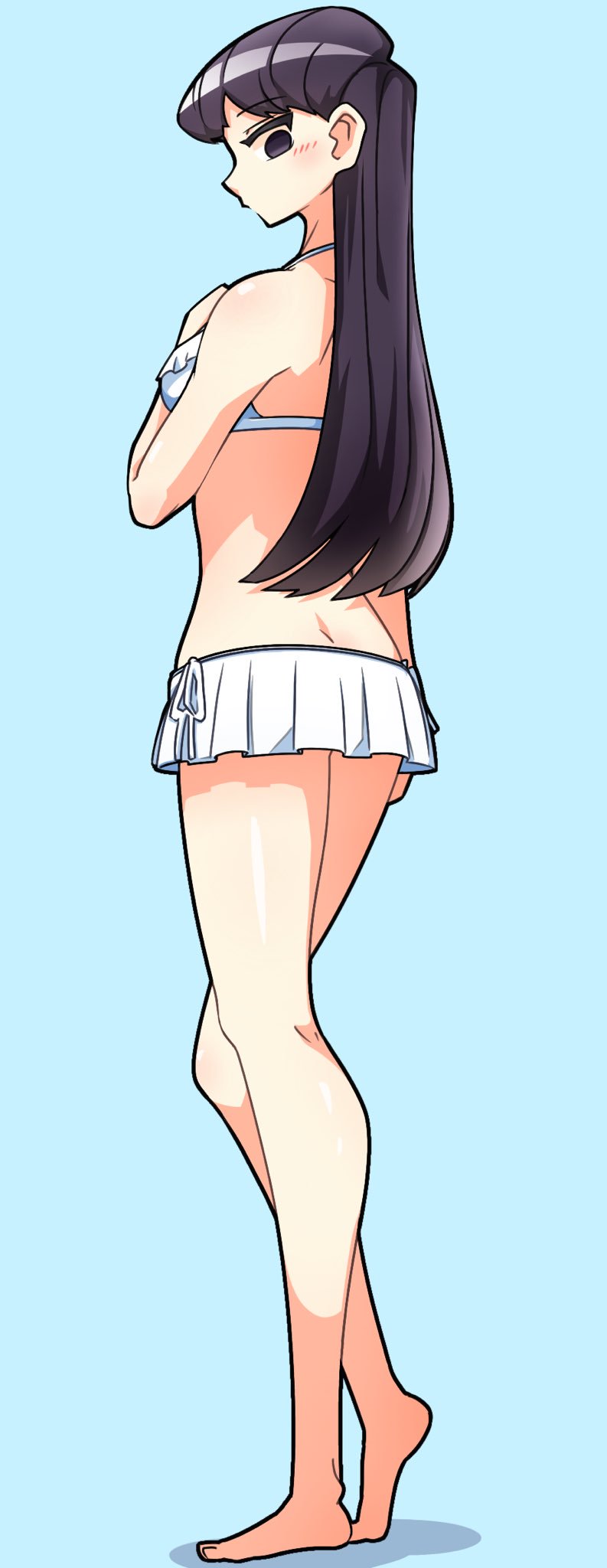 1girl bikini black_hair blush breasts eyebrows_visible_through_hair full_body highres komi-san_wa_komyushou_desu komi_shouko large_breasts lecca_aisu long_hair swimsuit very_long_hair violet_eyes white_bikini