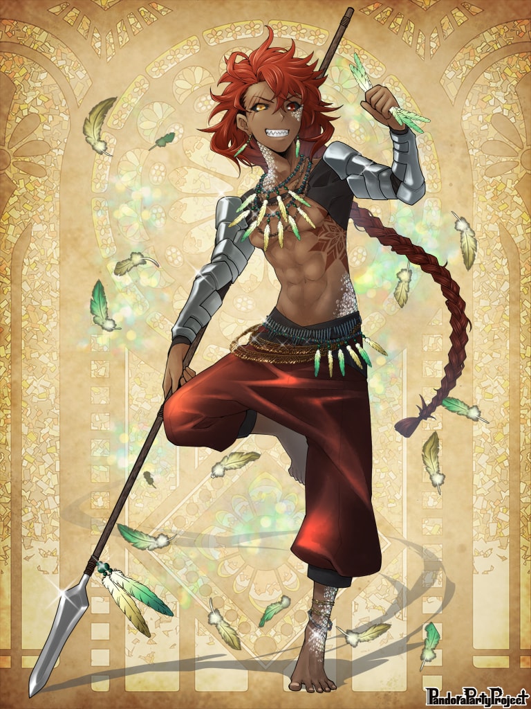 1boy abs aino_yumeri armor barefoot black_sclera braid brown_background colored_sclera copyright_name dark_skin dark_skinned_male earrings feathers full_body glint hair_between_eyes heterochromia holding holding_feather holding_spear holding_weapon jewelry long_hair male_focus necklace official_art pandora_party_project pants polearm red_eyes redhead sharp_teeth smile spear standing standing_on_one_leg tattoo teeth toned toned_male very_long_hair weapon yellow_eyes