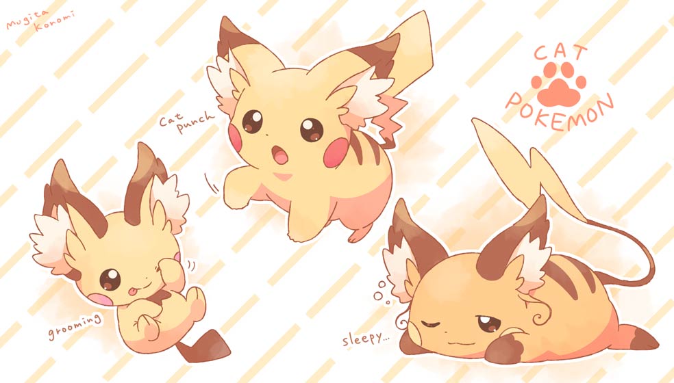 :o animal_ear_fluff animal_ears brown_eyes bubble cat_ears closed_mouth commentary_request copyright_name gen_1_pokemon gen_2_pokemon jippe lying no_humans on_stomach one_eye_closed open_mouth outline paw_print paws pichu pikachu pokemon pokemon_(creature) raichu sleepy smile toes tongue tongue_out