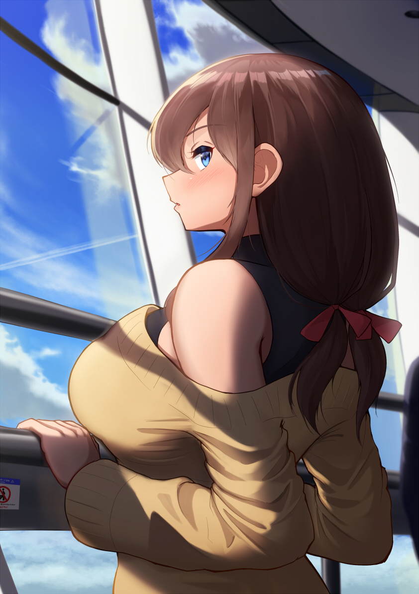 1girl bangs bare_shoulders black_shirt blue_eyes blue_sky blush breasts brown_hair clouds from_side hair_ribbon large_breasts long_hair looking_to_the_side maku_ro off_shoulder original railing ribbon shirt sky sleeveless sleeveless_shirt sweater window yellow_sweater
