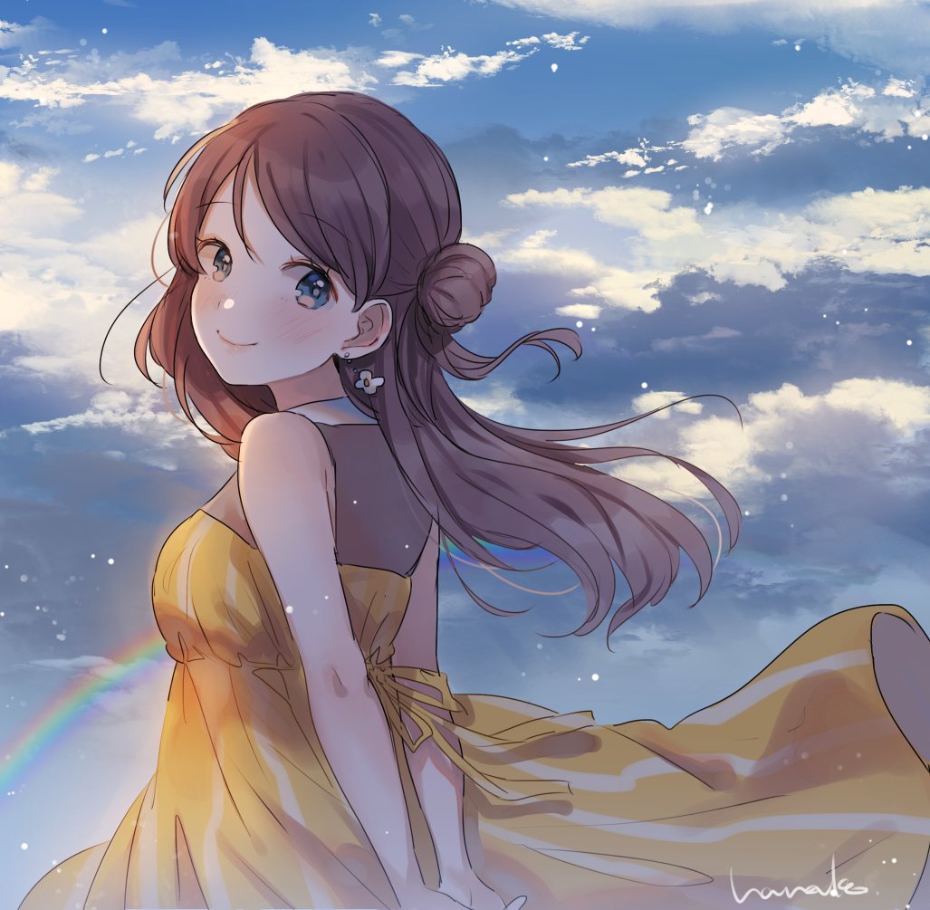 1girl arms_behind_back bangs bare_shoulders blue_eyes blush brown_hair closed_mouth clouds cloudy_sky dress earrings eyebrows_visible_through_hair from_behind hair_bun hanako151 jewelry light_particles long_hair looking_at_viewer looking_back original rainbow signature sky sleeveless smile solo striped swept_bangs vertical-striped_dress vertical_stripes yellow_dress