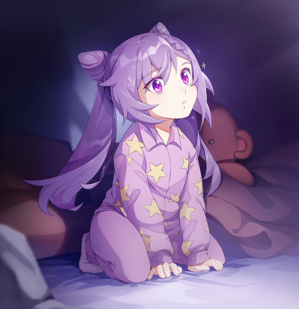 1girl bed_sheet braid child double_bun full_body genshin_impact hair_bun half-closed_eyes keqing_(genshin_impact) kneeling long_sleeves looking_to_the_side marktailor md5_mismatch on_bed pajamas parted_lips purple_hair socks solo star_(symbol) star_print stuffed_animal stuffed_toy teddy_bear twintails violet_eyes younger