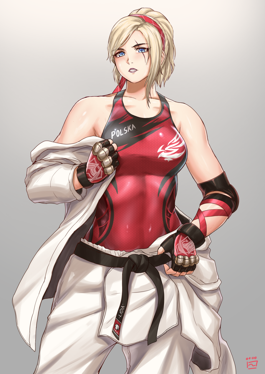 1girl belt black_belt blue_eyes breasts covered_abs dougi elbow_pads finalcake fingerless_gloves gloves grey_background headband highres karate karate_gi large_breasts lidia_sobieska lipstick looking_at_viewer makeup medium_hair mismatched_eyebrows namco off_shoulder platinum_blonde_hair ponytail purple_lips red_headband red_tank_top scar scar_across_eye solo studded_gloves sweat tank_top tekken tekken_7 toned undressing