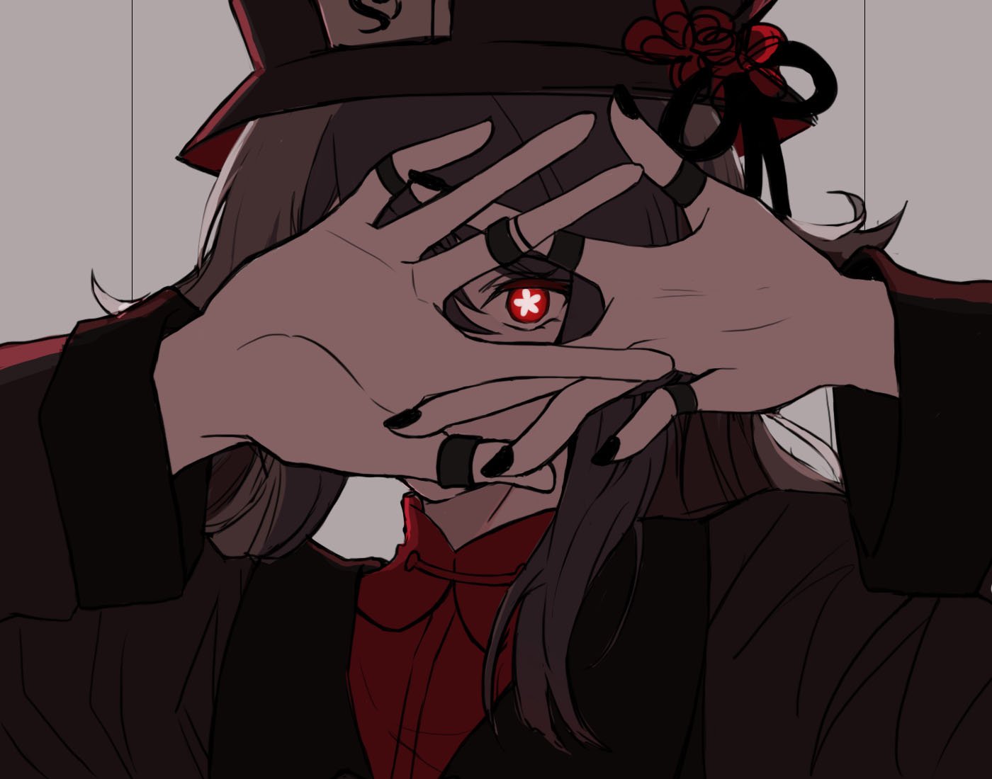 1girl bangs black_headwear black_nails brown_hair chinese_clothes covered_face fingers_together flower flower-shaped_pupils genshin_impact hat hat_flower hu_tao ix1xu jewelry long_hair long_sleeves looking_at_viewer nail_polish one_eye_covered red_eyes red_flower ring simple_background solo symbol-shaped_pupils thumb_ring