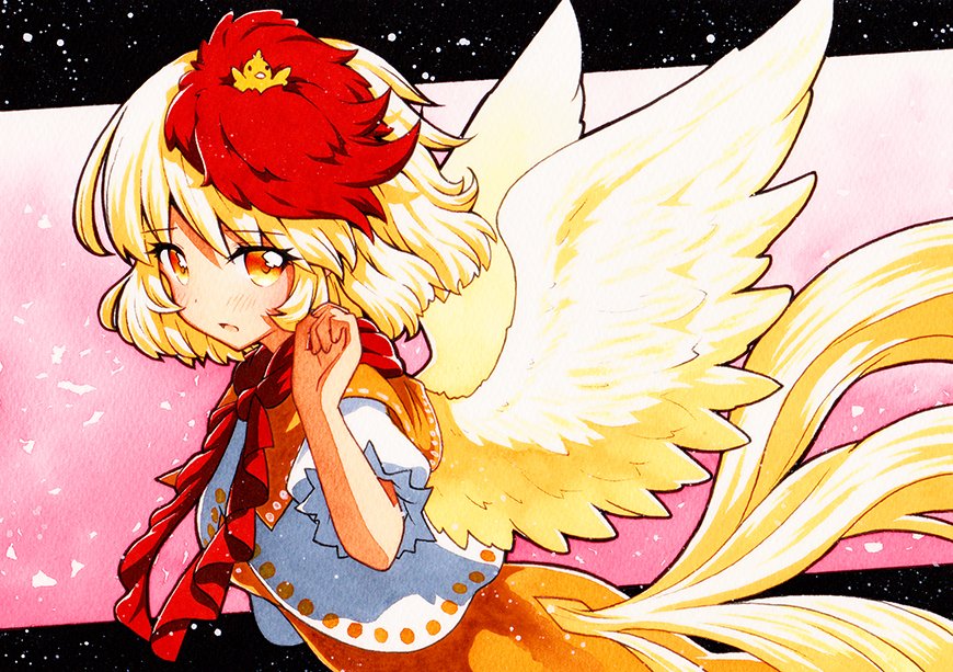 1girl animal_on_head bird bird_on_head bird_tail bird_wings blonde_hair brown_dress chick chicken dress feathered_wings multicolored_hair niwatari_kutaka on_head orange_dress qqqrinkappp red_neckwear redhead shirt solo tail tail_feathers touhou traditional_media two-tone_hair white_shirt wings yellow_wings