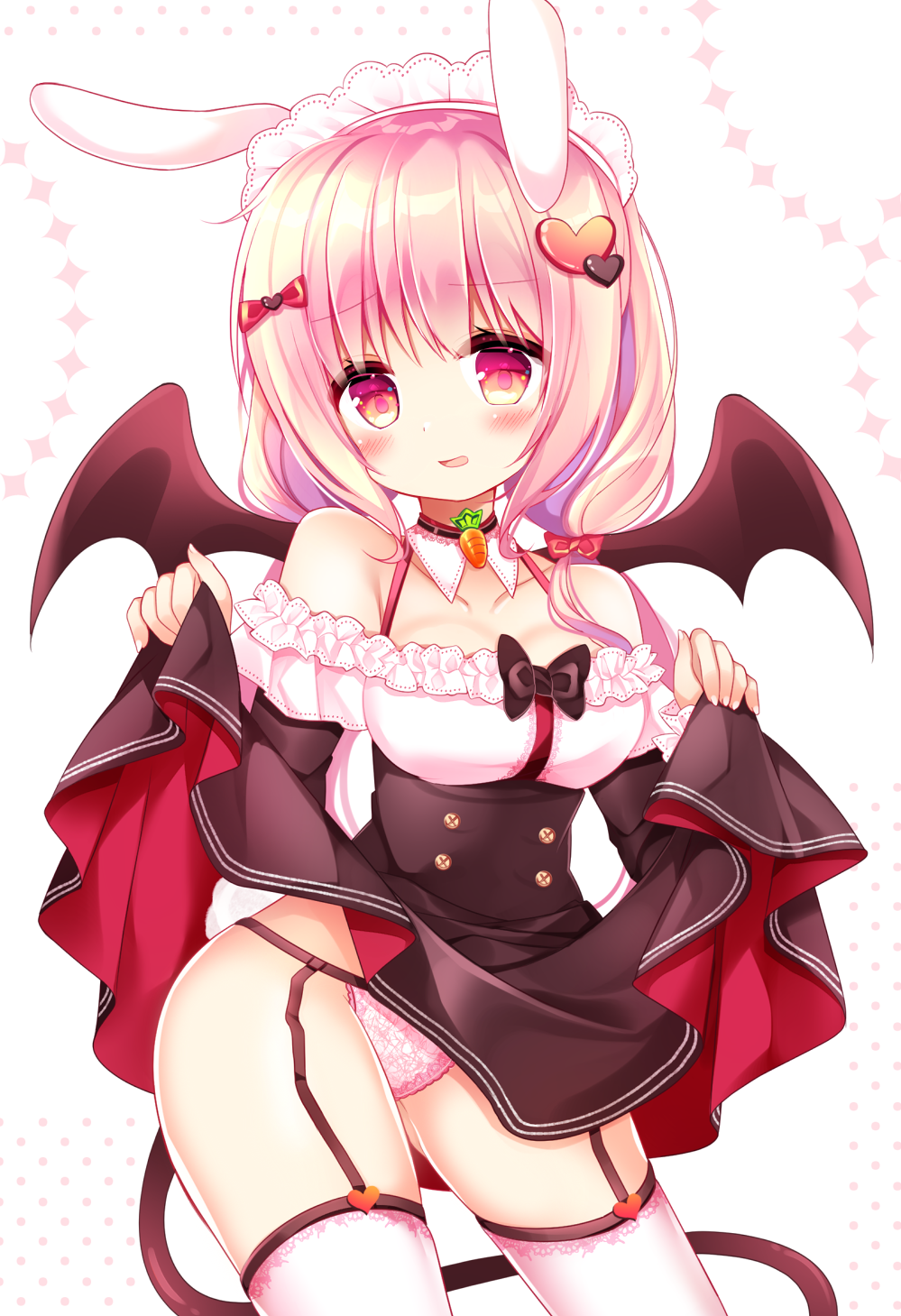 1girl animal_ears bangs bare_shoulders black_bow black_skirt black_wings blush bow breasts collarbone commentary_request demon_girl demon_tail demon_wings eyebrows_visible_through_hair frilled_shirt frills garter_straps hair_bow hair_ornament hair_over_shoulder heart heart_hair_ornament high-waist_skirt highres lifted_by_self long_hair looking_at_viewer low_twintails maid_headdress medium_breasts off-shoulder_shirt off_shoulder original panties parted_lips pink_hair pink_panties rabbit_ears red_bow red_eyes shikito shirt simple_background skirt solo tail thigh-highs twintails underwear white_background white_legwear white_shirt wings