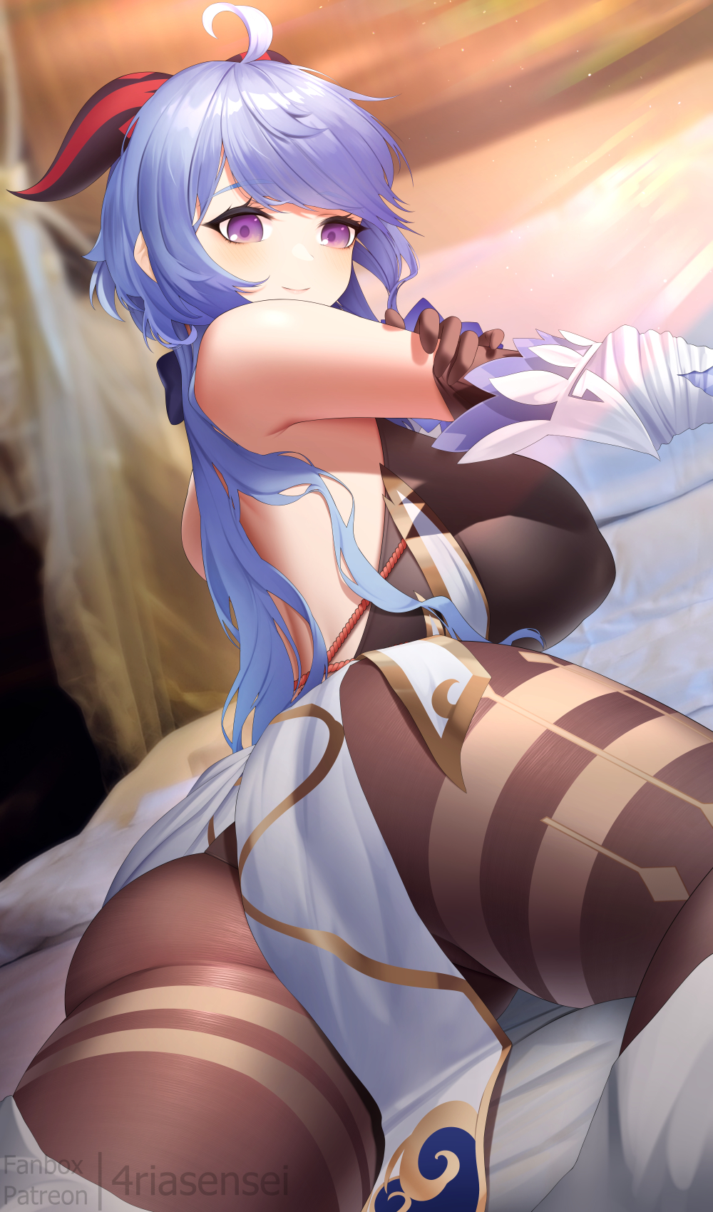 1girl ahoge ass bare_shoulders bed_sheet black_gloves blue_hair blush bodystocking breasts brown_legwear brown_leotard detached_sleeves fouriasensei ganyu_(genshin_impact) genshin_impact gloves gold_trim hair_ribbon highres horns large_breasts leotard leotard_under_clothes long_hair looking_at_viewer looking_back low_ponytail lying on_bed on_stomach pantyhose pillow ribbon smile solo violet_eyes