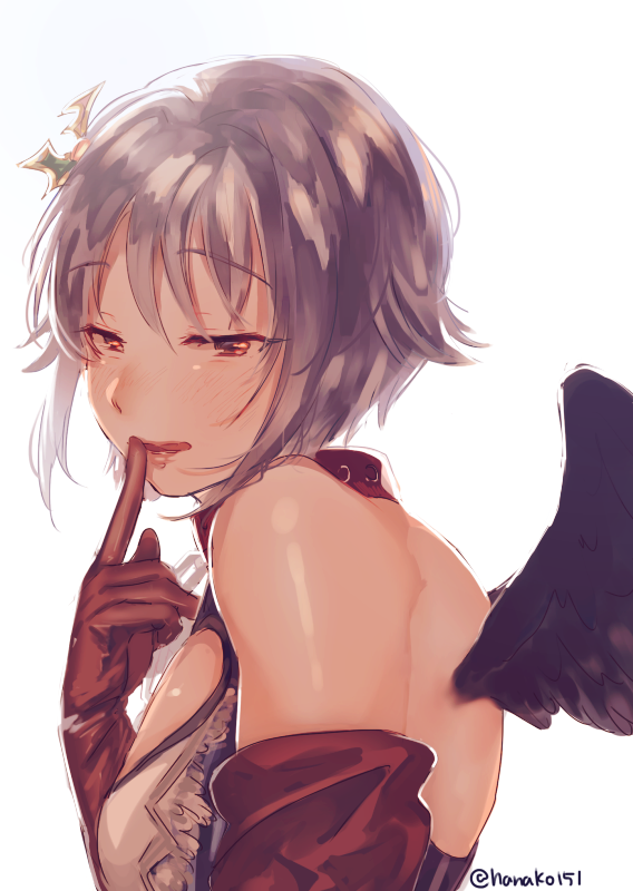 1girl bare_shoulders black_wings blush breasts eyebrows_visible_through_hair feathered_wings finger_to_mouth gloves hair_ornament half-closed_eyes hanako151 idolmaster idolmaster_cinderella_girls koshimizu_sachiko looking_at_viewer parted_lips red_eyes red_gloves shirt short_hair silver_hair smile solo twitter_username upper_body white_background white_shirt wings