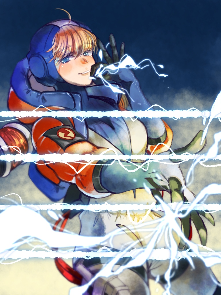 1girl apex_legends bangs blonde_hair blue_bodysuit blue_gloves blue_headwear bodysuit chi_(user_yvud8877) cowlick electricity eyebrows_visible_through_hair fence gloves hand_to_own_mouth hood jacket ok_sign open_mouth orange_jacket parted_lips smile solo wattson_(apex_legends) white_bodysuit