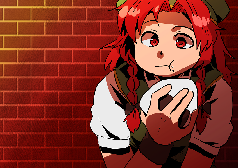 1girl bangs braid eating gagamatsu hong_meiling long_hair parted_bangs puffy_short_sleeves puffy_sleeves redhead short_sleeves touhou twin_braids