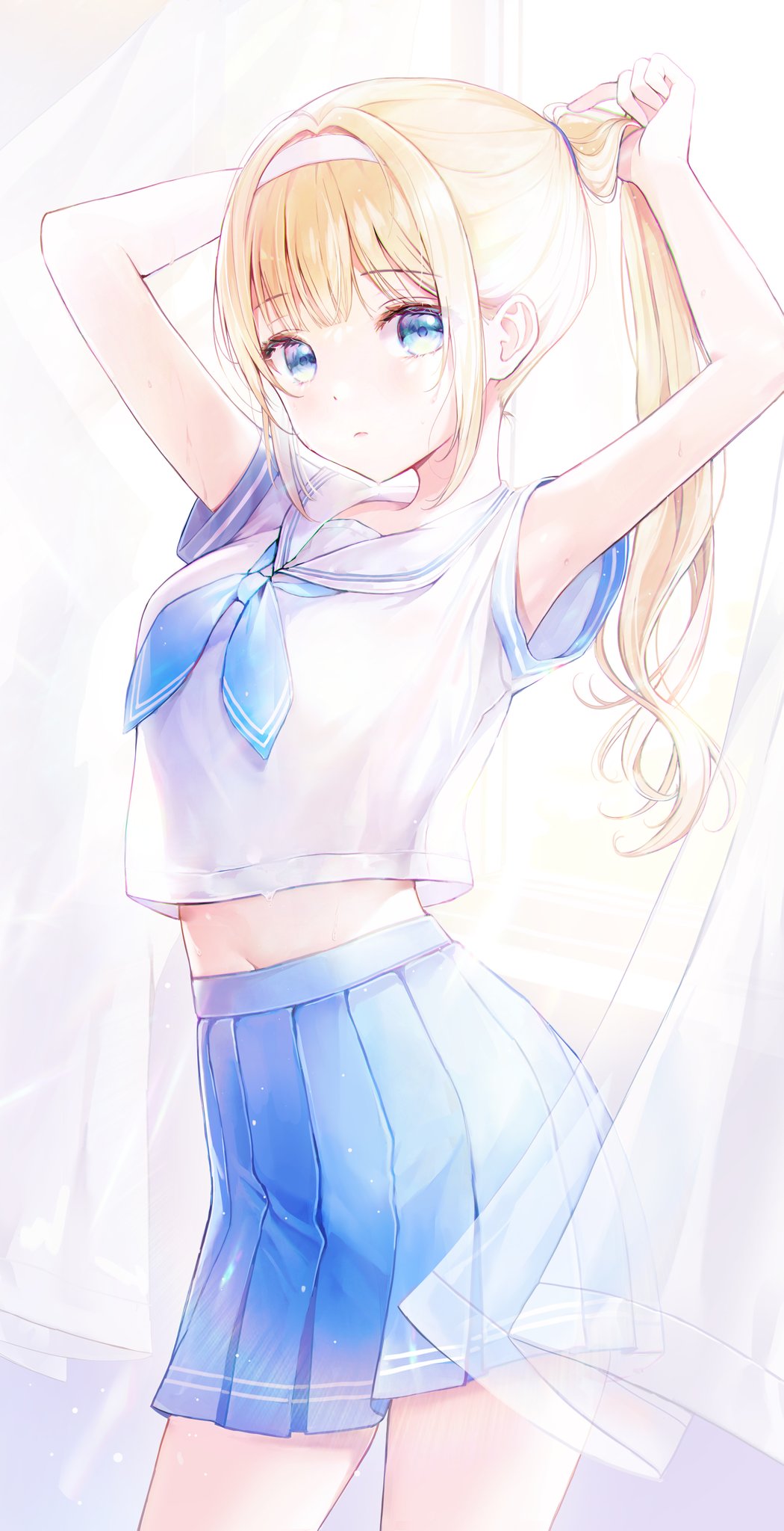 1girl arms_up bangs blonde_hair blue_eyes blue_neckwear blue_skirt breasts cowboy_shot curtains eyebrows_visible_through_hair hair_intakes hairband highres long_hair looking_at_viewer midriff_peek navel neckerchief original pleated_skirt ponytail sailor_collar school_uniform see-through_silhouette serafuku shirt short_sleeves sidelocks skirt solo standing tying_hair white_shirt yuna_(deadawon)