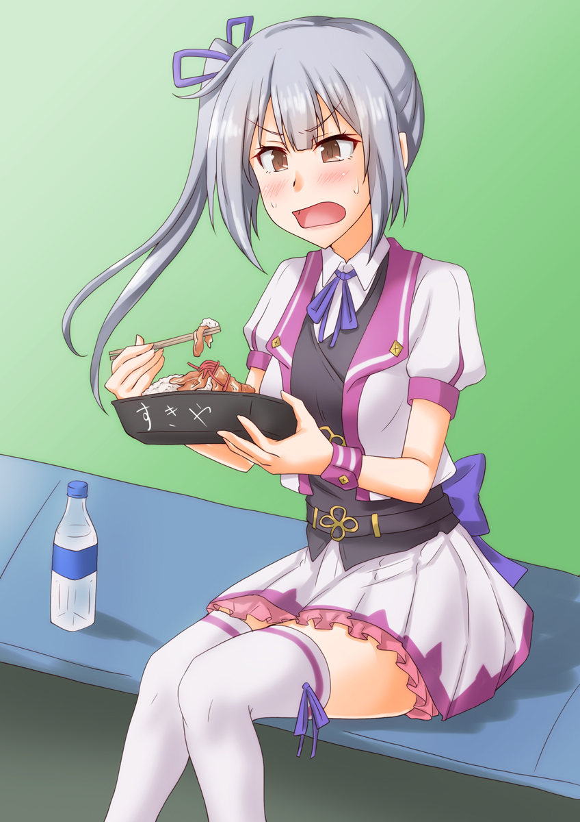 1girl anti_(untea9) black_vest blazer bottle bowl brown_eyes chopsticks commentary_request cosplay cropped_jacket eating food green_background grey_hair highres jacket kantai_collection kasumi_(kancolle) long_hair open_mouth pleated_skirt side_ponytail sitting skirt solo special_week special_week_(cosplay) thigh-highs umamusume vest water_bottle white_jacket white_legwear white_skirt
