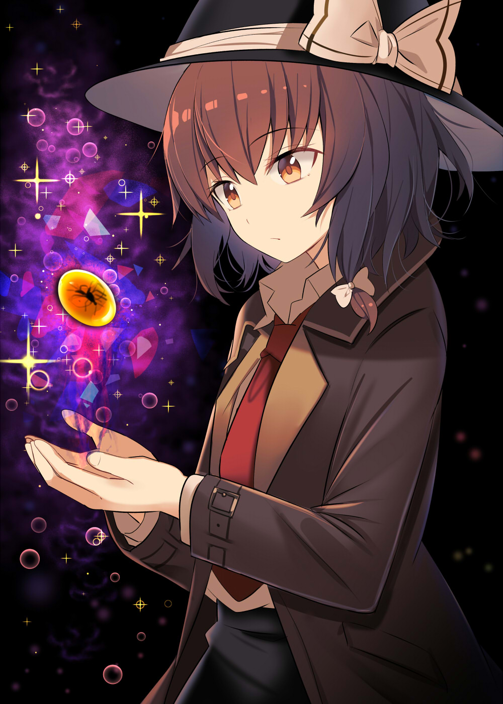 1girl :/ abstract_background amber_(gemstone) bangs black_headwear black_skirt bow breasts brown_eyes brown_hair brown_jacket closed_mouth collared_shirt commentary_request cupping_hands dark_background e.o. eyebrows_visible_through_hair fedora hair_bow hair_ribbon hat hat_bow highres jacket long_sleeves looking_at_hands medium_hair necktie open_clothes open_jacket red_neckwear ribbon shirt simple_background single_sidelock skirt small_breasts solo sparkle touhou tress_ribbon upper_body usami_renko white_bow white_shirt