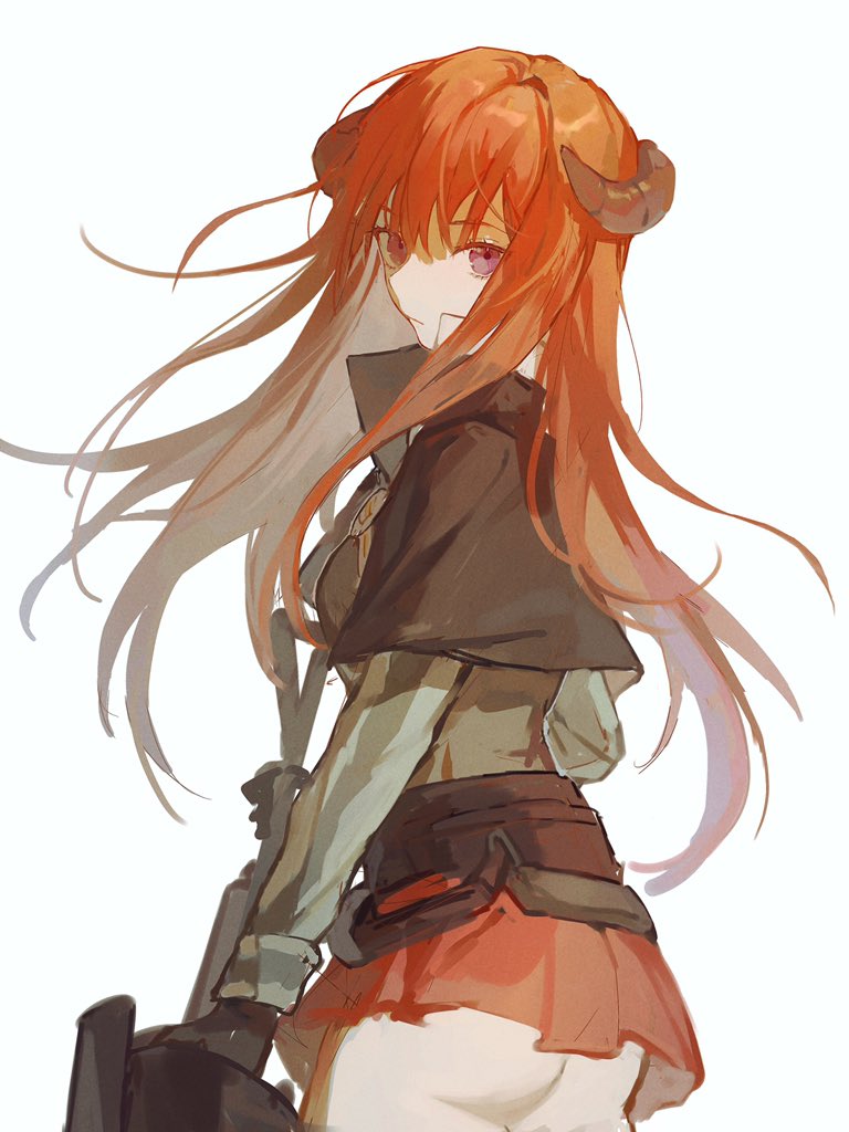 1girl arknights ass bagpipe_(arknights) belt black_capelet capelet closed_mouth cowboy_shot dragon_horns gunlance holding holding_weapon horns long_hair long_sleeves looking_at_viewer miniskirt orange_hair qinglai_haiji red_skirt serious simple_background skirt solo utility_belt violet_eyes weapon white_background