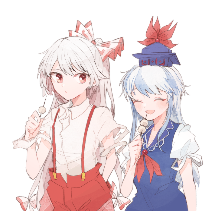 2girls blue_dress blue_hair blue_headwear bow dango dress food fujiwara_no_mokou grey_hair hand_in_pocket hat holding itomugi-kun kamishirasawa_keine long_hair multicolored_hair multiple_girls open_mouth pants ponytail red_bow red_eyes red_neckwear red_pants shirt short_sleeves simple_background smile suspenders torn_clothes torn_sleeves touhou two-tone_hair upper_body very_long_hair wagashi white_background white_shirt