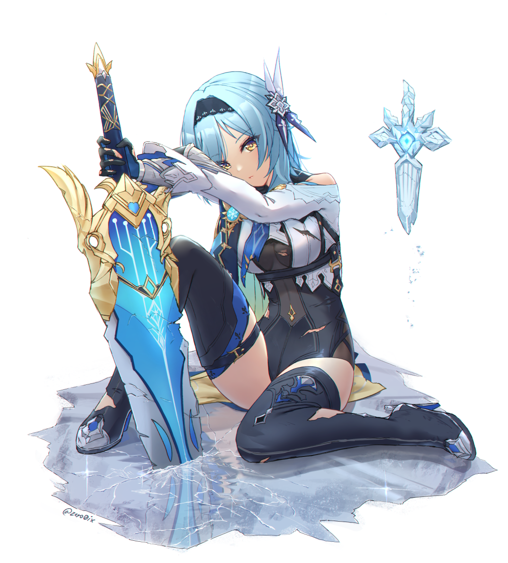 1girl black_legwear blue_hair covered_navel envyvanity eula_(genshin_impact) eyebrows_visible_through_hair eyes_visible_through_hair genshin_impact hairband holding holding_sword holding_weapon ice long_sleeves planted_sword planted_weapon reflection revision sitting solo sword thigh-highs thigh_strap weapon yellow_eyes
