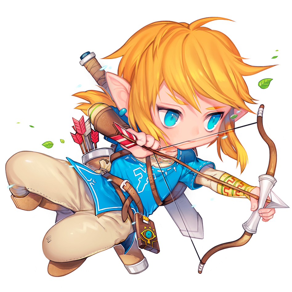 1boy aiming arrow_(projectile) bangs belt blonde_hair blue_eyes blue_tunic boots bow_(weapon) earrings fa8072 floating_hair holding holding_arrow holding_bow_(weapon) holding_weapon jewelry leaves_in_wind link male_focus pants pointy_ears solo strap sword the_legend_of_zelda the_legend_of_zelda:_breath_of_the_wild weapon