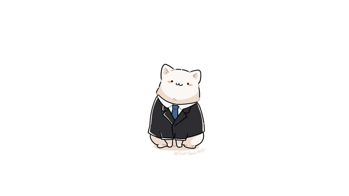 :3 animal animal_focus artist_name black_eyes black_suit blue_neckwear blush_stickers closed_mouth clothed_animal collared_shirt dog fluffy formal fuwa_fuwa_dog lapel looking_at_viewer necktie no_humans original shadow shirt simple_background sitting solid_circle_eyes solo suit twitter_username white_background white_shirt