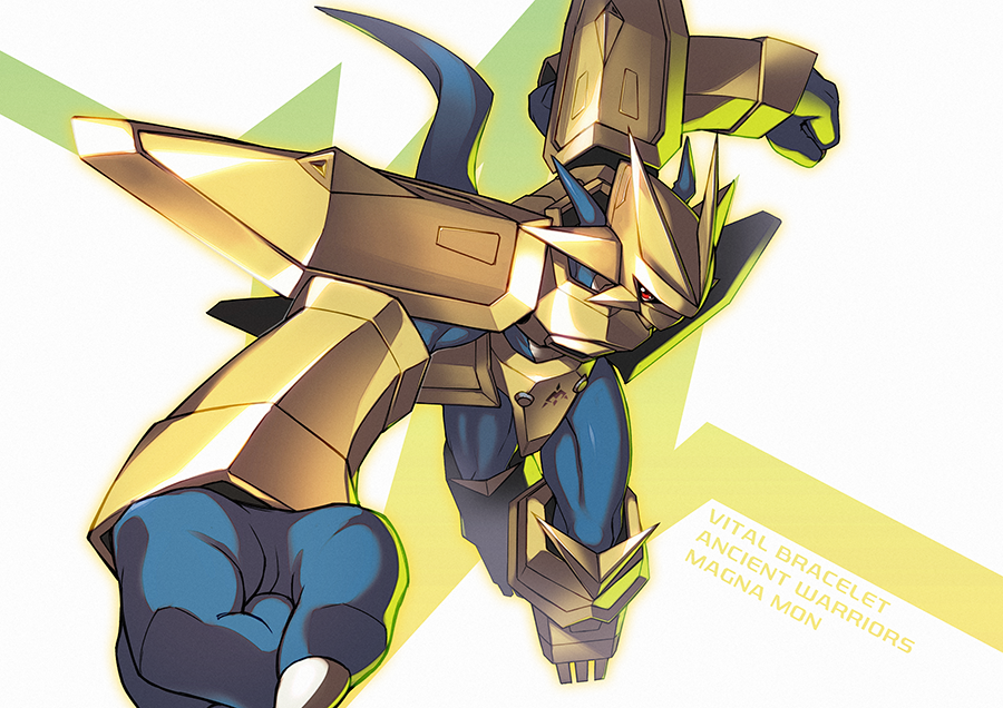 armor character_name charging_forward clenched_hands degarashi_(ponkotsu) digimon helmet horns looking_at_viewer magnamon no_humans red_eyes science_fiction