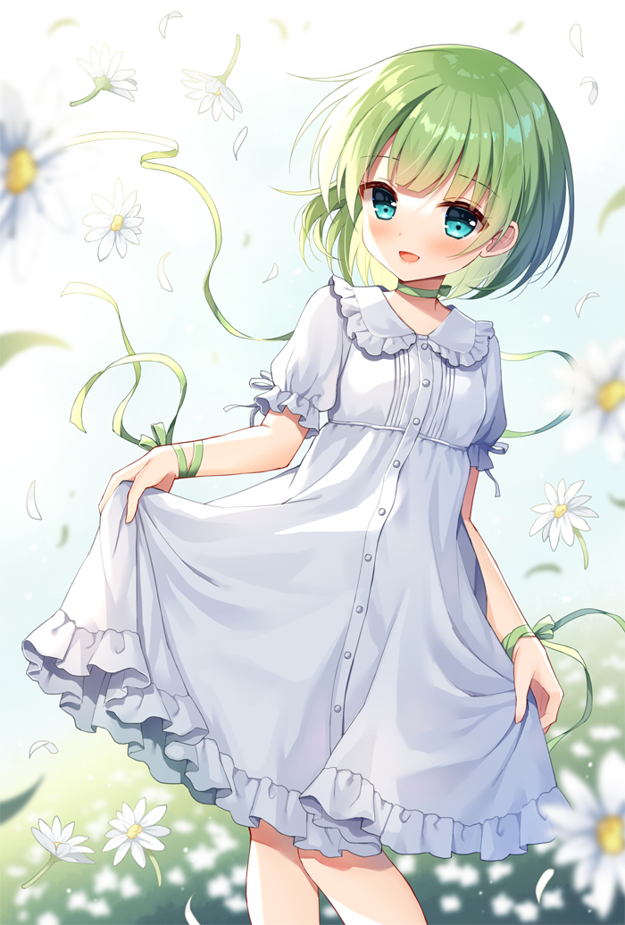 1girl :d bangs blue_eyes blurry blurry_foreground blush choker collared_dress commentary_request depth_of_field dress eyebrows_visible_through_hair feet_out_of_frame flower frilled_dress frilled_shirt_collar frills green_choker green_hair green_ribbon long_hair mauve open_mouth original petals puffy_short_sleeves puffy_sleeves ribbon short_sleeves skirt_hold smile solo standing white_dress white_flower