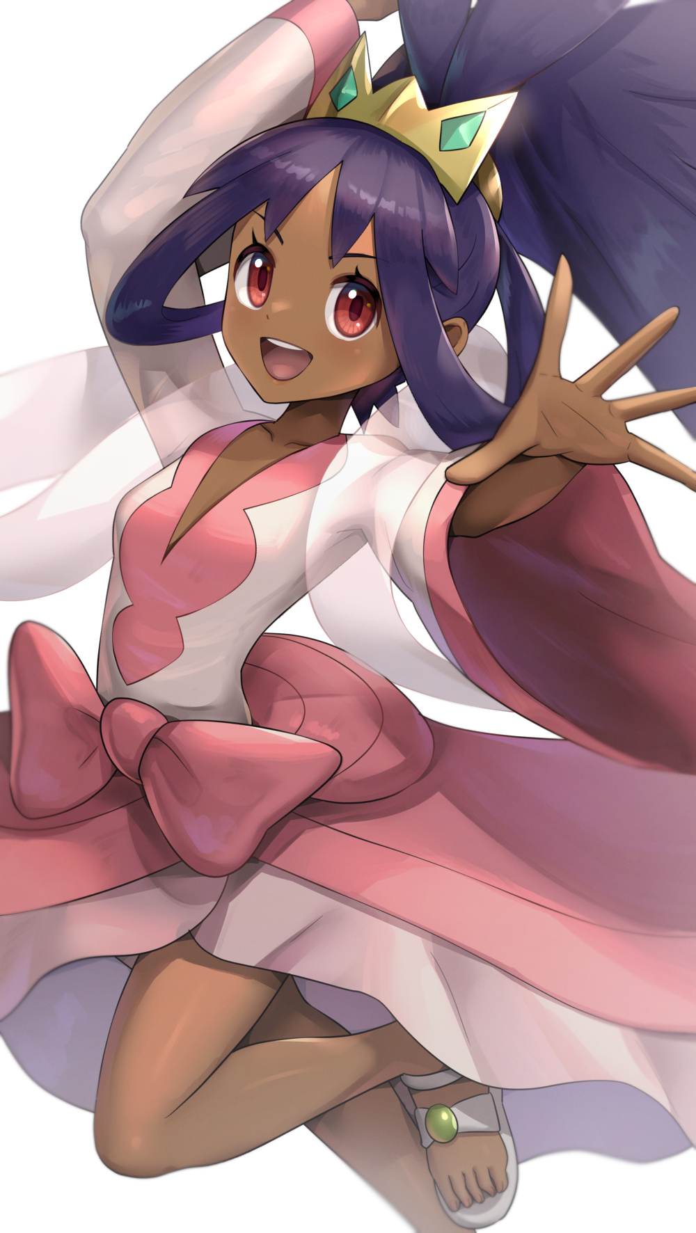 1girl arm_up bangs bow collarbone commentary dark_skin dark-skinned_female dress eyelashes gonzarez grey_footwear hair_rings hair_tie highres iris_(pokemon) long_hair long_sleeves open_mouth pokemon pokemon_(game) pokemon_bw2 purple_hair red_eyes sandals shiny shiny_hair simple_background solo spread_fingers teeth tiara tied_hair toes tongue white_background wide_sleeves