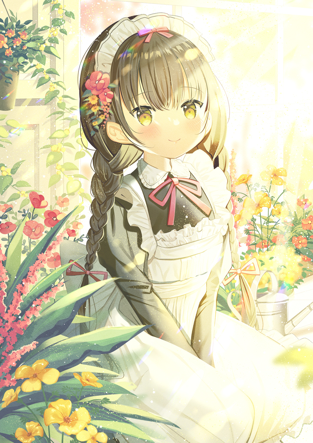 1girl apron bangs between_legs black_dress black_hair blush braid brown_eyes closed_mouth collared_dress commentary_request dress eyebrows_visible_through_hair flower frilled_apron frills hair_between_eyes hair_flower hair_ornament hair_ribbon hand_between_legs highres ikari_(aor3507) juliet_sleeves long_sleeves looking_at_viewer low_twintails maid maid_apron maid_headdress neck_ribbon original puffy_sleeves red_flower red_ribbon ribbon sitting smile solo twin_braids twintails watering_can white_apron yellow_flower