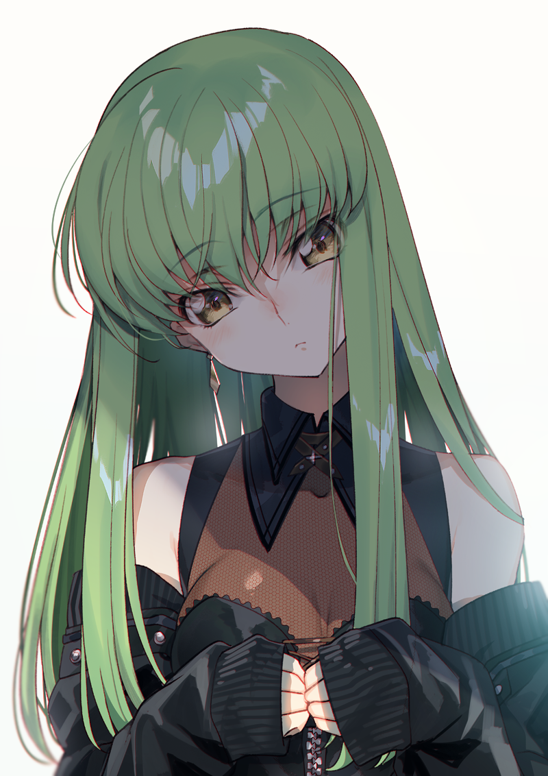 1girl bangs bare_shoulders blush breasts c.c. code_geass creayus earrings eyebrows_visible_through_hair green_hair head_tilt jacket jewelry long_hair off_shoulder simple_background sleeves_past_wrists solo white_background yellow_eyes