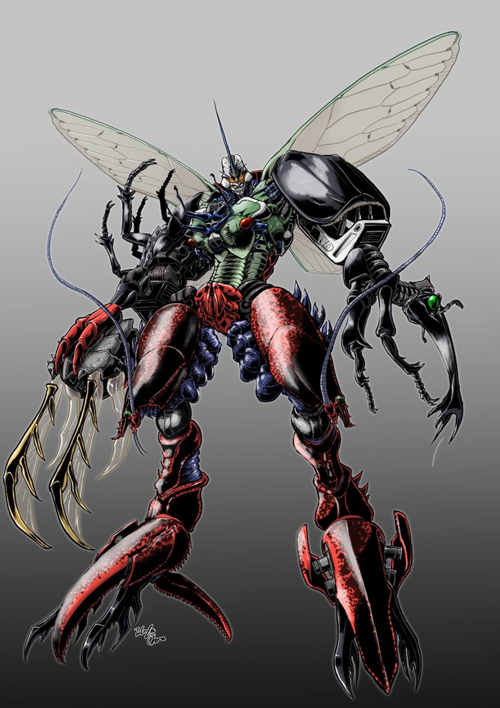 antennae asymmetrical_armor asymmetrical_arms beast_wars beast_wars_ii beetle bug cicada claws combine insect insect_wings lobster maximal mecha oohara_tetsuya orange_eyes organic rhinoceros_beetle sharp_teeth signature teeth transformers tripredacus white_background wings