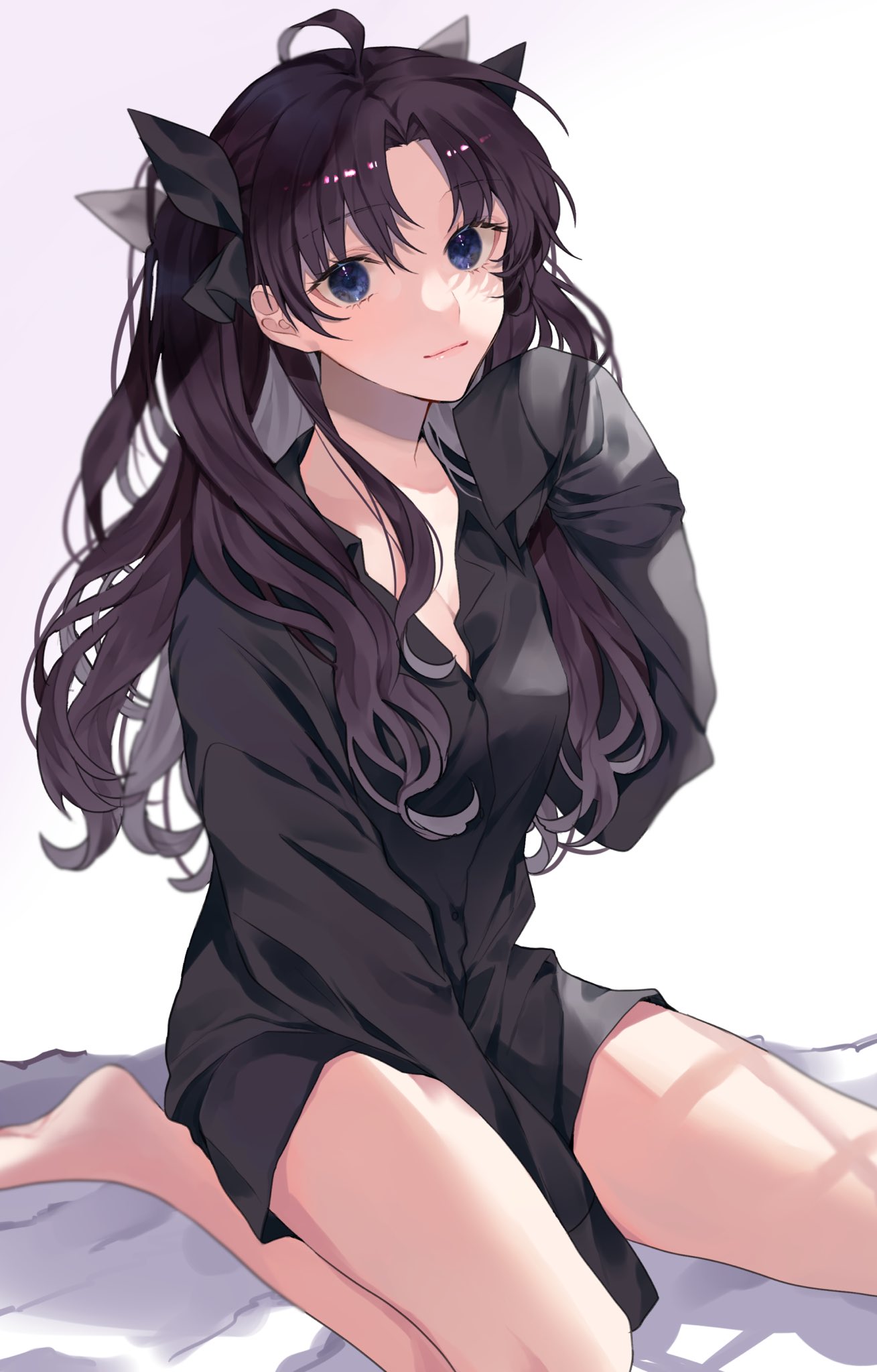 1girl ahoge bangs bare_legs barefoot bed_sheet between_legs black_hair black_shirt blue_eyes bow breasts closed_mouth collarbone commentary_request fate/stay_night fate_(series) hair_bow hair_ribbon hand_between_legs hand_in_hair hand_up highres long_hair long_legs long_sleeves looking_at_viewer medium_breasts oversized_clothes ribbon shimatori_(sanyyyy) shiny shiny_hair shirt sitting sleeves_past_fingers sleeves_past_wrists smile solo thigh-highs tohsaka_rin two_side_up wariza white_background