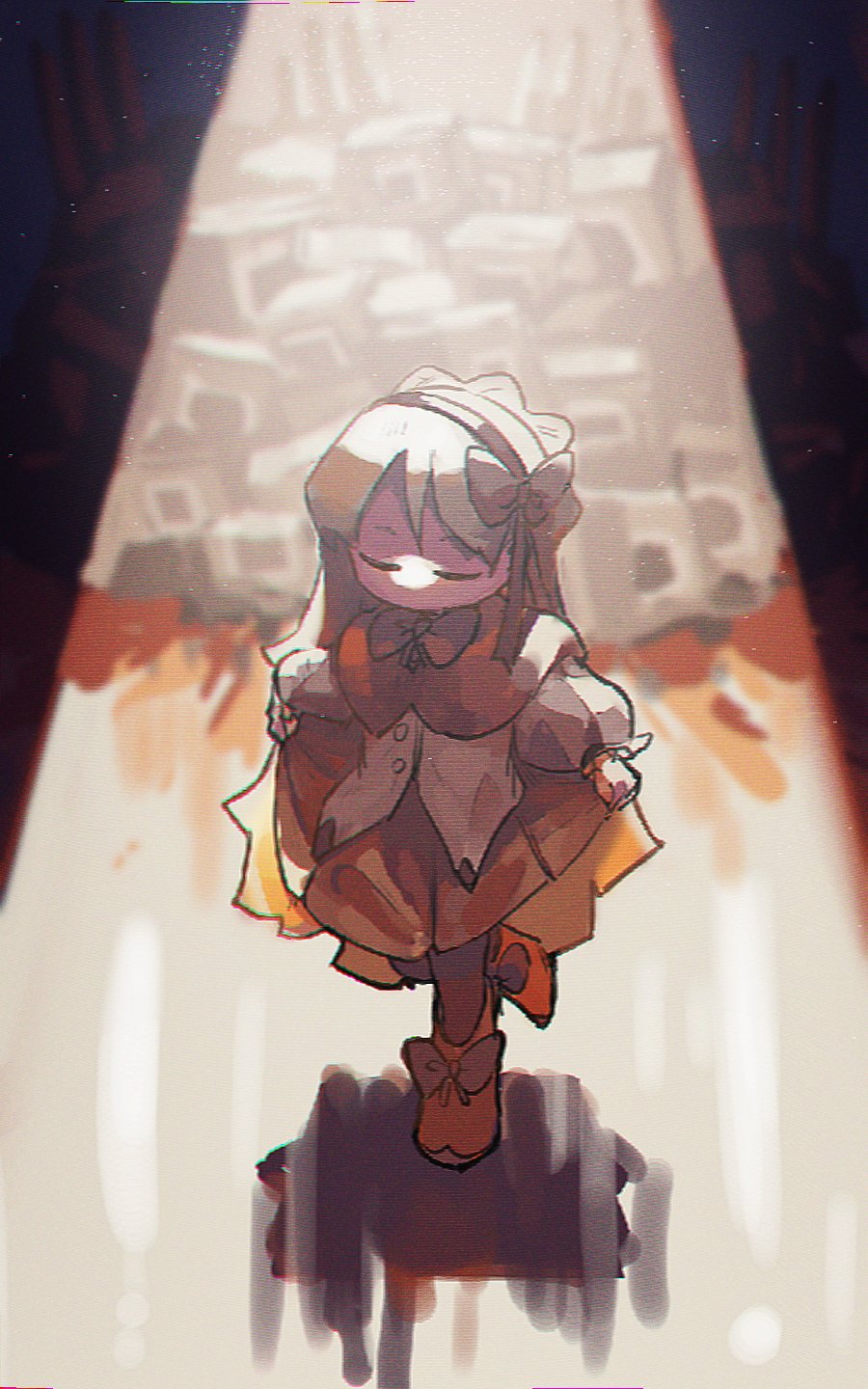 1girl blonde_hair brown_capelet brown_headband brown_ribbon brown_skirt chromatic_aberration closed_eyes curtsey full_body hair_ribbon headband highres lobotomy_corporation long_hair nonga pleated_skirt ribbon skirt spoilers spotlight standing tiphereth_a_(lobotomy_corporation)