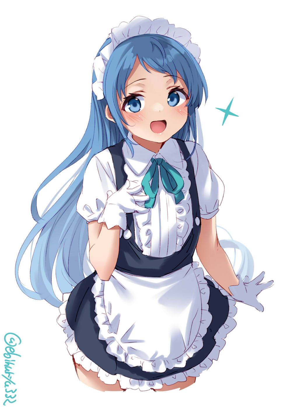 1girl alternate_costume apron black_dress blue_eyes blue_hair blue_neckwear blush cowboy_shot dress ebifurya elbow_gloves enmaided eyebrows eyebrows_visible_through_hair forehead frilled_apron frilled_dress frills gloves gradient_hair hair_between_eyes hand_on_own_chest highres kantai_collection looking_at_viewer maid maid_apron maid_headdress multicolored_hair neckerchief open_mouth puffy_short_sleeves puffy_sleeves samidare_(kancolle) short_sleeves simple_background solo sparkle tray twitter_username waist_apron white_apron white_background white_gloves wrist_cuffs