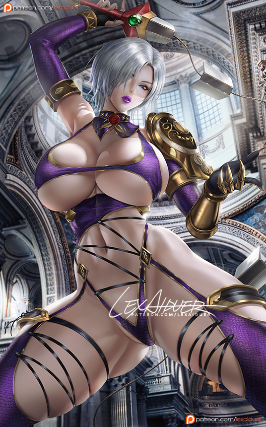 1girl armpits asymmetrical_clothes blue_eyes breasts hair_over_one_eye isabella_valentine large_breasts lexaiduer looking_at_viewer navel purple_lips revealing_clothes short_hair silver_hair skindentation soulcalibur soulcalibur_iv tagme whip_sword